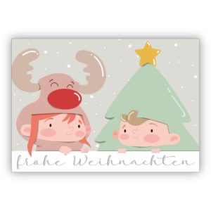 Süße Kinder Weihnachtskarte mit niedlichen Kindern: Frohe Weihnachten
