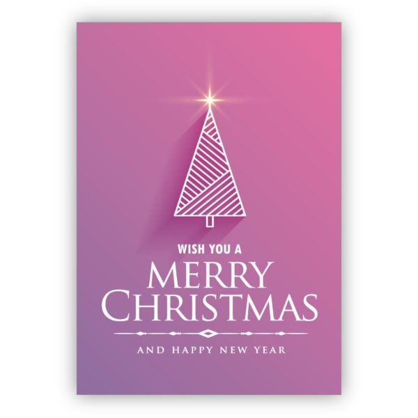 Moderne rosa Weihnachtskarte mit grafischem Weihnachtsbaum: wish you a merry christmas and happy new year