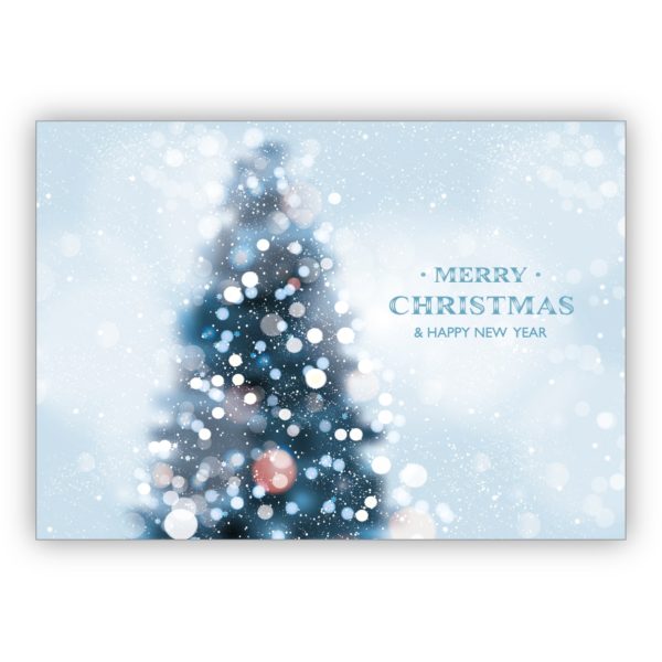 Edle Foto Weihnachtskarte mit Weihnachtsbaum im Schneetreiben: Merry Christmas & happy new year