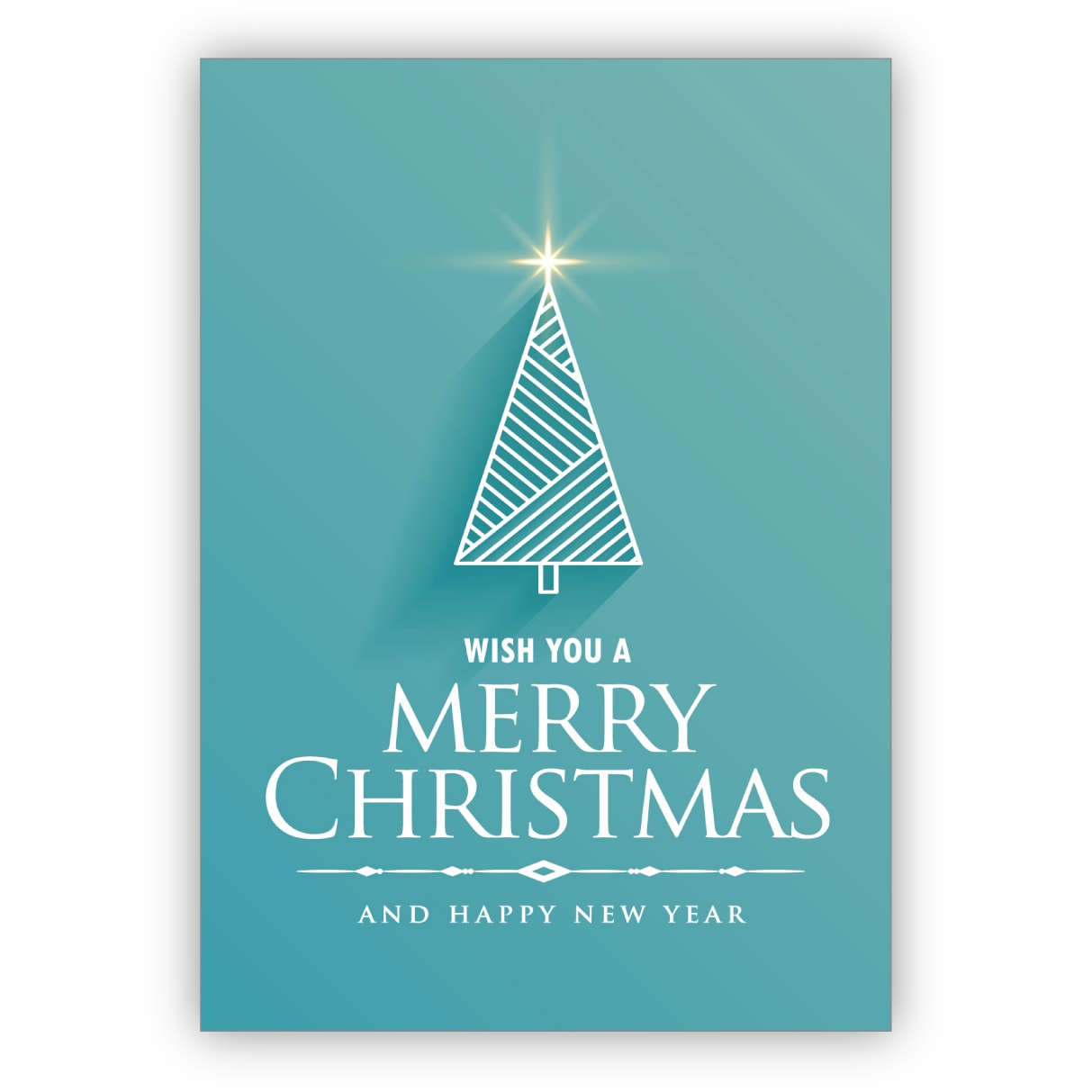 Moderne hellblaue Weihnachtskarte mit grafischem Weihnachtsbaum: wish you a merry christmas and happy new year