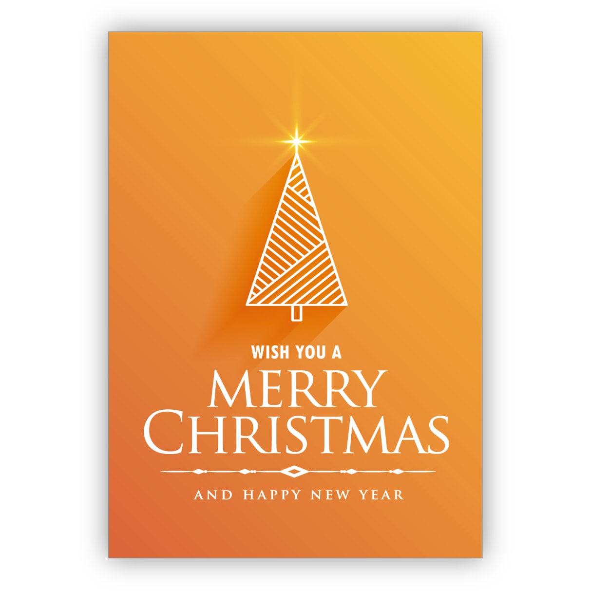 Moderne orange Weihnachtskarte mit grafischem Weihnachtsbaum: wish you a merry christmas and happy new year