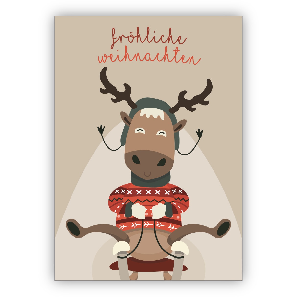 Komische Weihnachtskarte mit Schlitten fahrendem Rentier: fröhliche Weihnachten