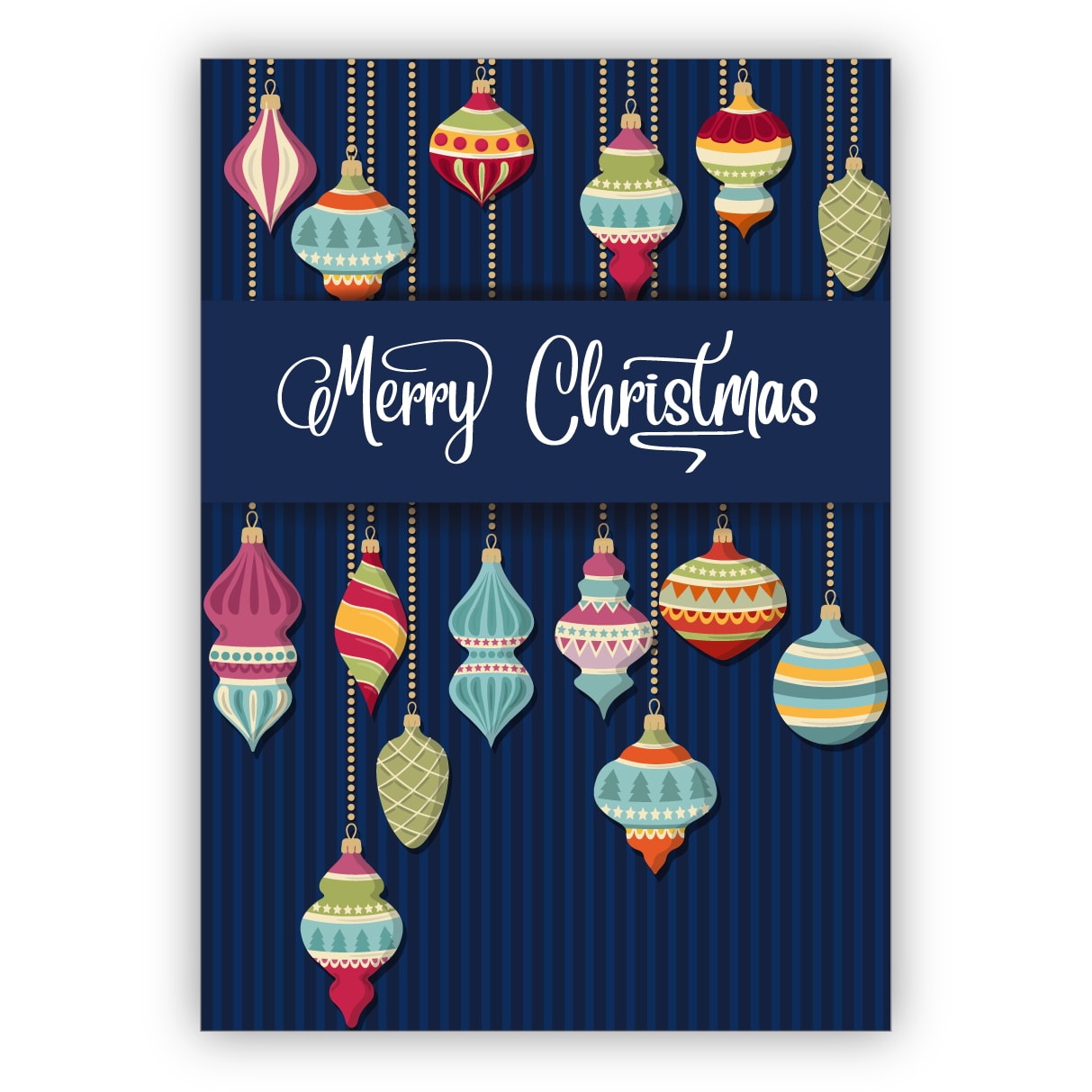 Schöne blaue Retro Weihnachtskarte mit Weihnachtskugeln: Merry Christmas