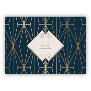 Elegante Art Deco Dankeskarte mit Gold Optik in blau: Danke
