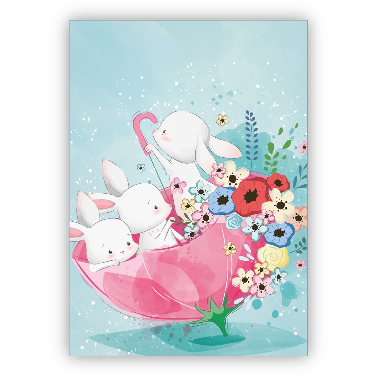 Süße Grußkarte mit kleinen Hasen & Blumen im Regenschirm auch als Osterkarte