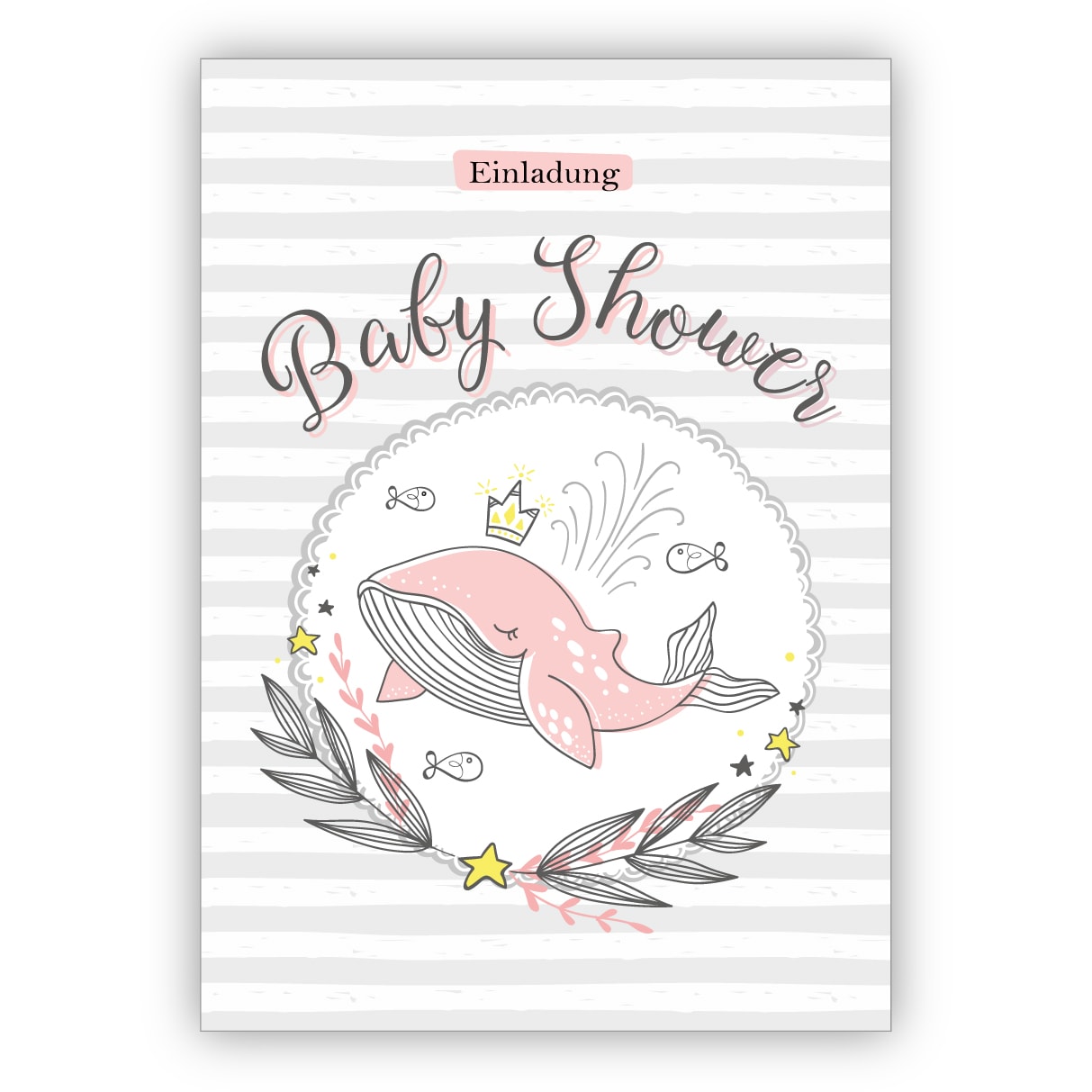 Niedliche Einladungskarte zur Baby Shower mit rosa Wal auf Streifen für Mädchen Baby Girls