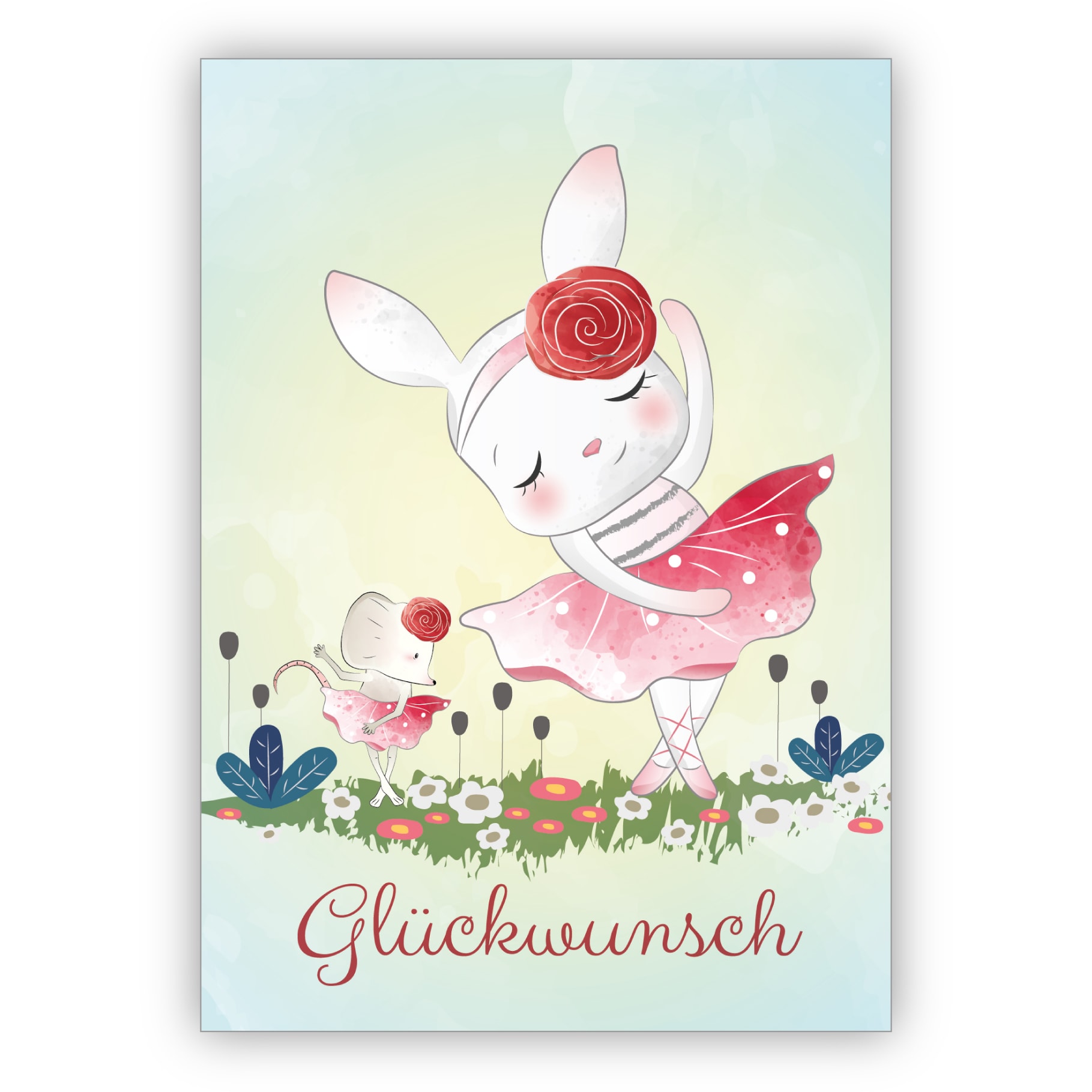 Süße Ballerina Glückwunschkarte mit tanzendem Hasen und Maus: Glückwunsch