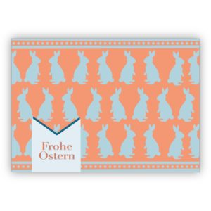 Schöne Retro Vintage Osterkarte mit Scherenschnitt Hasen: Frohe Ostern in orange hellblau