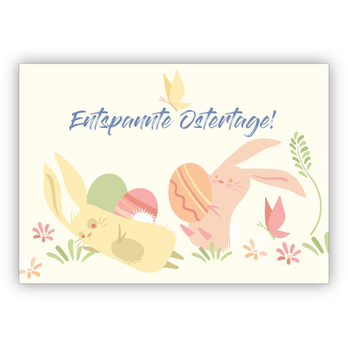 Fröhliche Osterkarte mit Hasen bei der Ostereier-Suche: Entspannte Ostertage!