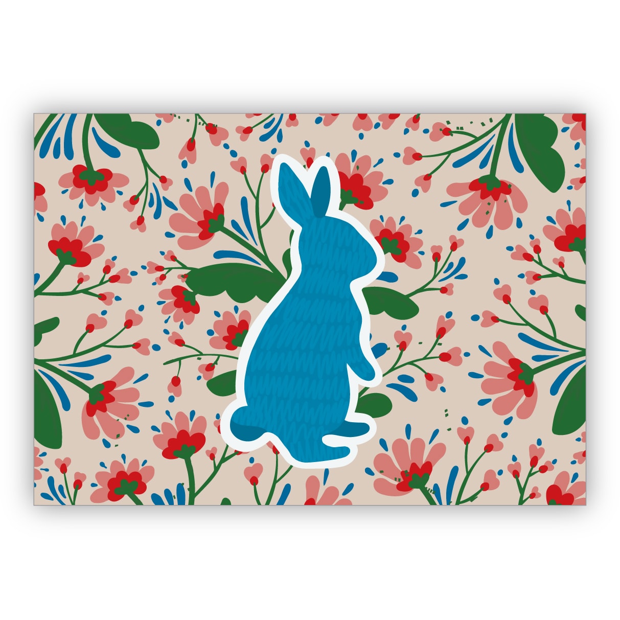 Entzückende florale Osterkarte mit Scherenschnitt Hase, blau auch als Geburtstag Grußkarte