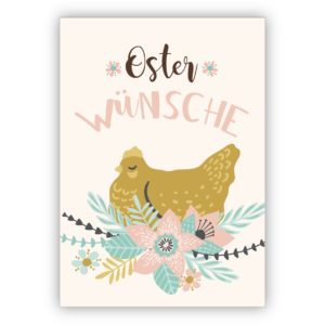 Wunderschöne Retro Osterkarte mit Henne im Blumen Nest: Oster Wünsche