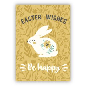 Süße englische Osterkarte mit Osterhase auf Wiese: Easter Wishes Be happy