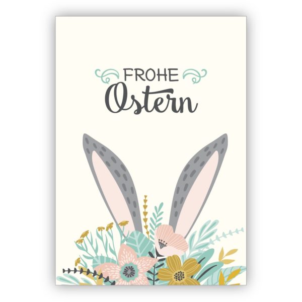 Lustige Osterkarte mit verstecktem Osterhasen hinter Blumen: Frohe Ostern