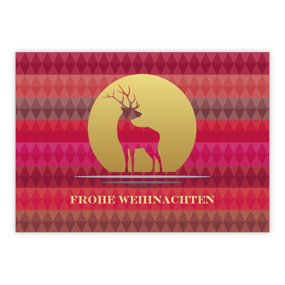 Trendige Hirsch Designer Weihnachtskarte vor rot braunem grafischem Hintergrund