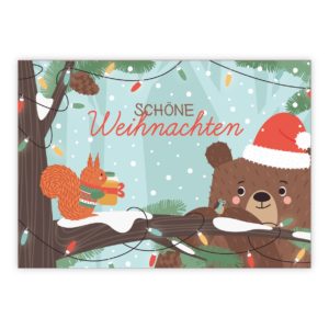 Süße Weihnachtskarte mit Eichhörnchen und Bär im Wald