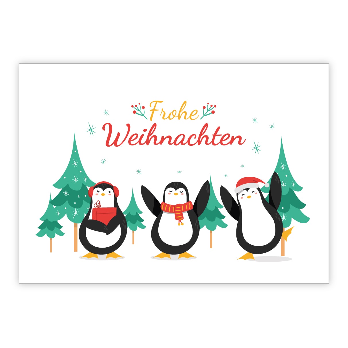 Lustige Weihnachtskarte mit tanzenden Pinguinen im Wald