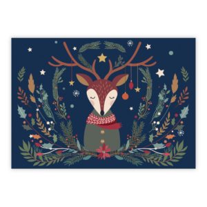 Nostalgische Weihnachtskarte mit Hirsch und Tannen grün ohne Text