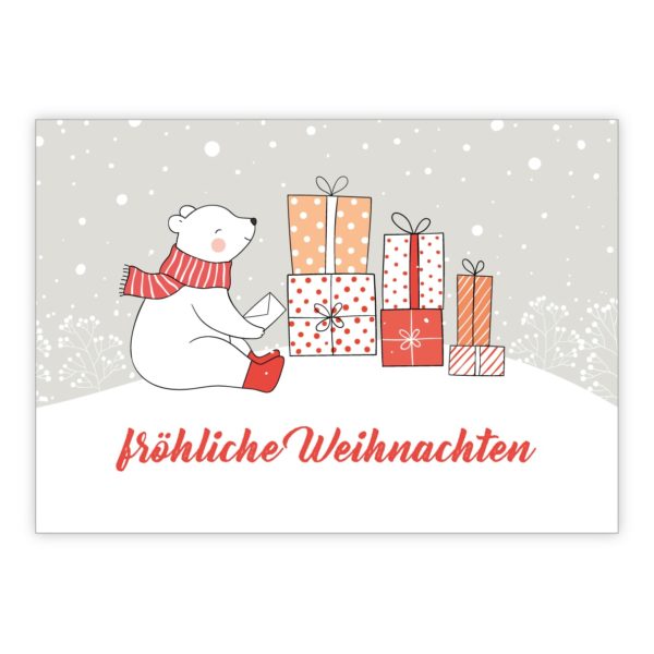 Niedliche Weihnachtskarte mit Eisbär und Weihnachtsgeschenken: fröhliche Weihnachten