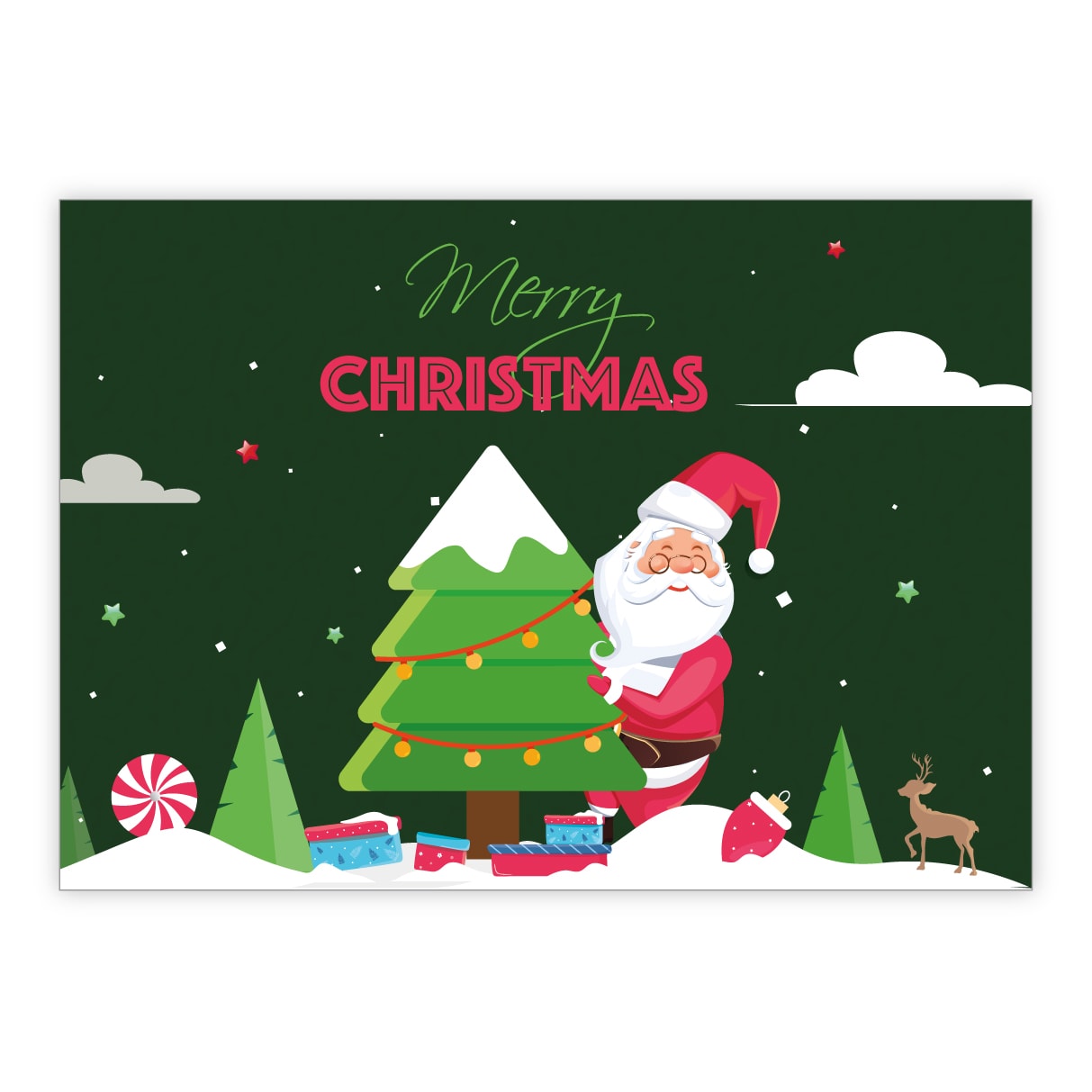 Fröhliche Comic Weihnachtskarte mit Santa der Weihnachtsbaum schmückt