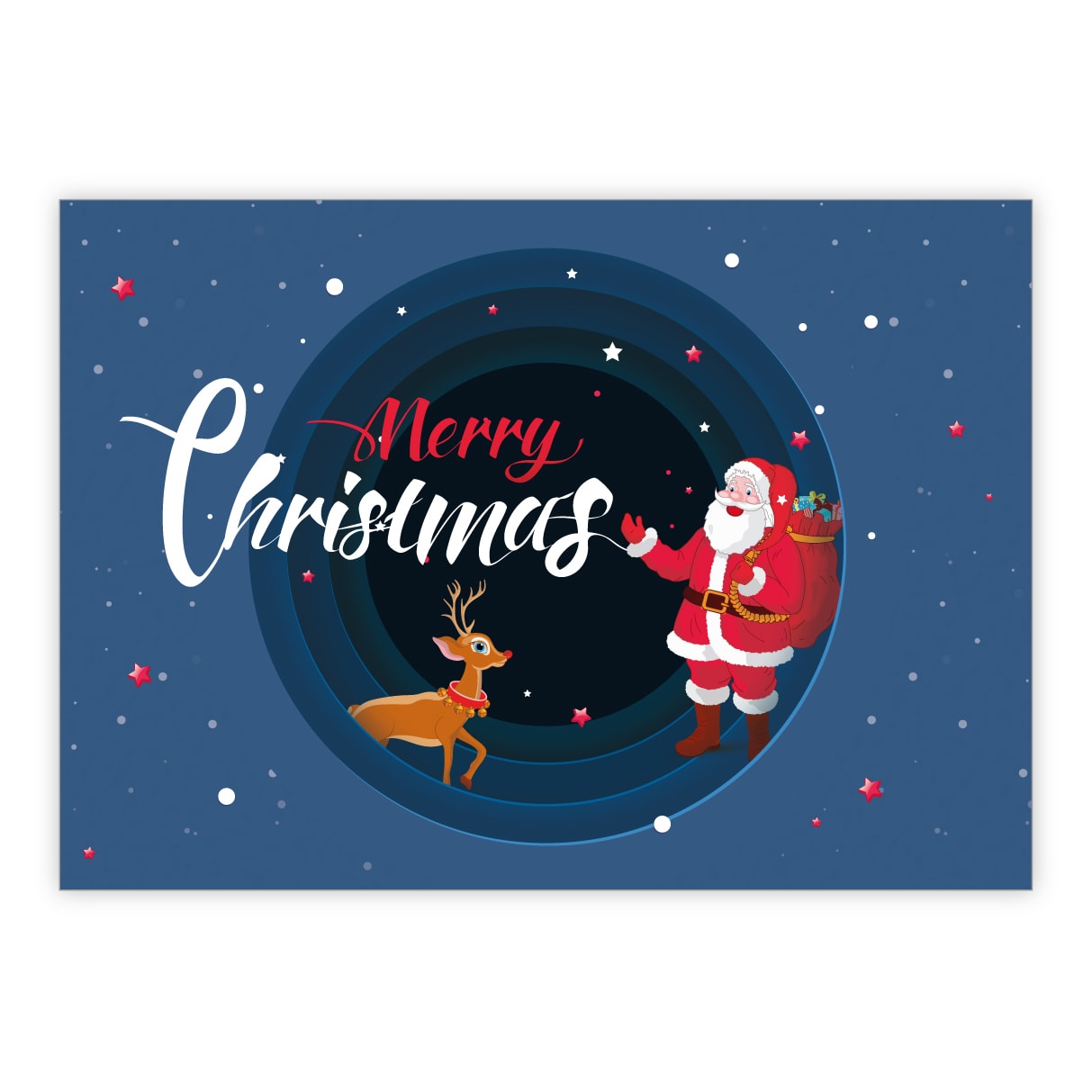 Nette Comic Weihnachtskarte mit Santa und Rudolf: Merry Christmas