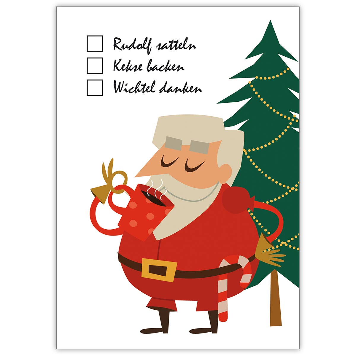 Komische Weihnachts To Do Liste: Rudolf satteln, Kekse backen, Wichtel danken