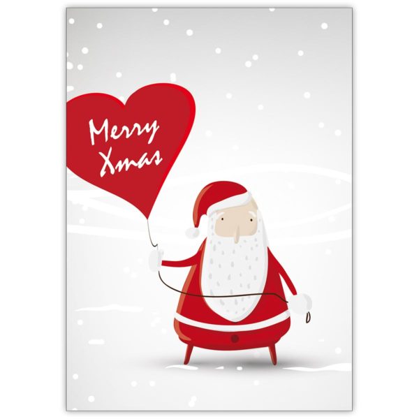 Wunderschöne Weihnachtskarte Santa im Schnee mit Herz Ballon: Merry Xmas