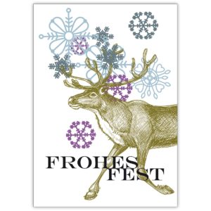 Feine Weihnachtskarte mit elegantem Hirsch vor Schneeflocken: Frohes Fest