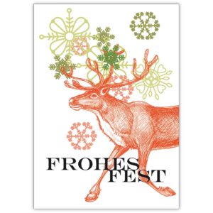 Ausgesuchte Weihnachtskarte mit Weihnachts Hirsch vor Schneeflocken: Frohes Fest