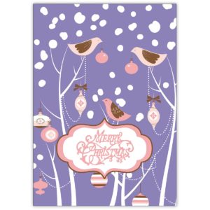 Romantische Vogel Weihnachtskarte mit Schnee: Merry Christmas