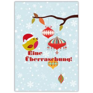 Niedliche Weihnachtskarte mit Vögelchen vor Schneeflocken