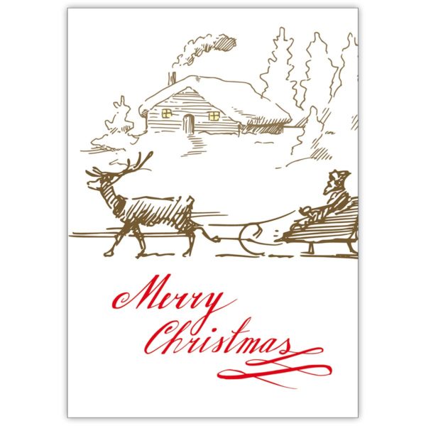 Wunderschöne gezeichnete Weihnachtskarte mit Weihnachtsmann Schlitten