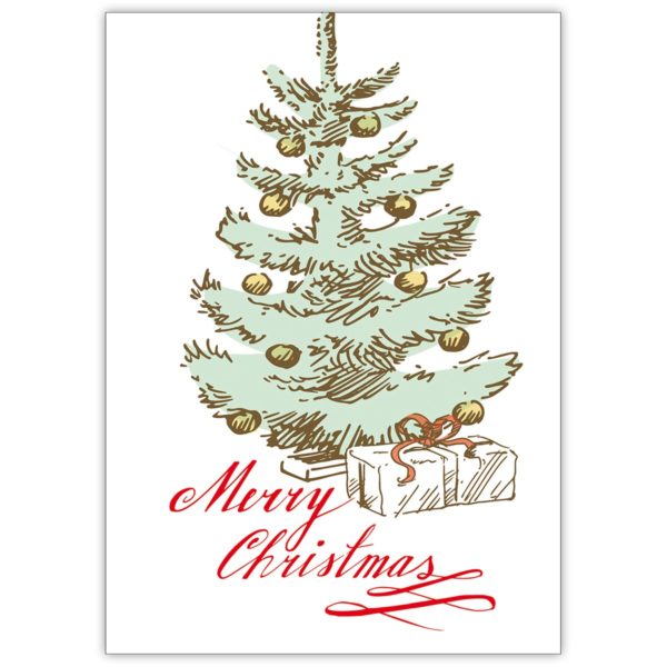 Klassische Vintage Weihnachtskarte mit geschmücktem Weihnachtsbaum