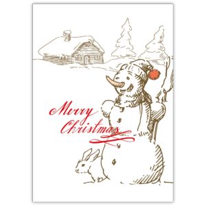Süße Vintage Weihnachtskarte mit Schneemann und Häschen: Merry Christmas