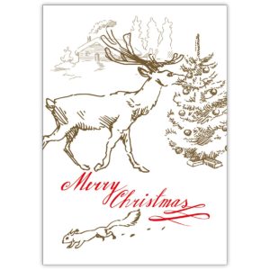 Schöne Vintage Weihnachtskarte mit Hirsch und Eichhörnchen am Weihnachtsbaum