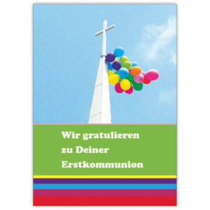 Fröhliche bunter Glückwunsch zur Erstkommunion mit Kreuz und Luftballons