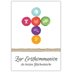 Frische moderne Kommunions Karte mit Kreuz aus Symbolen: Zur Erstkommunion die besten Glückwünsche
