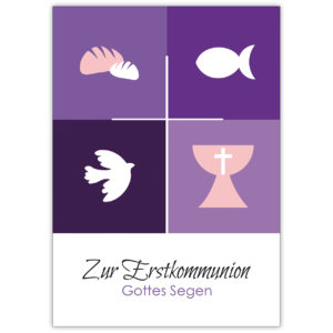 Klassische moderne Kommunions Glückwunschkarte mit christlichen Symbolen: Zur Erstkommunion Gottes Segen