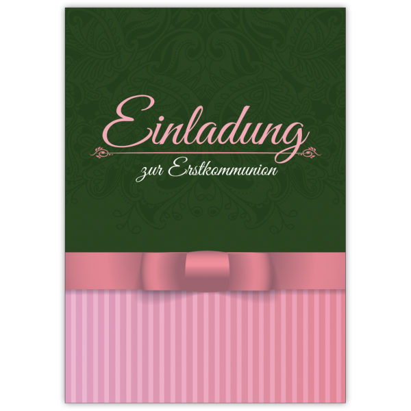 Klassische elegante Einladung zur Erstkommunion in grün, rosa