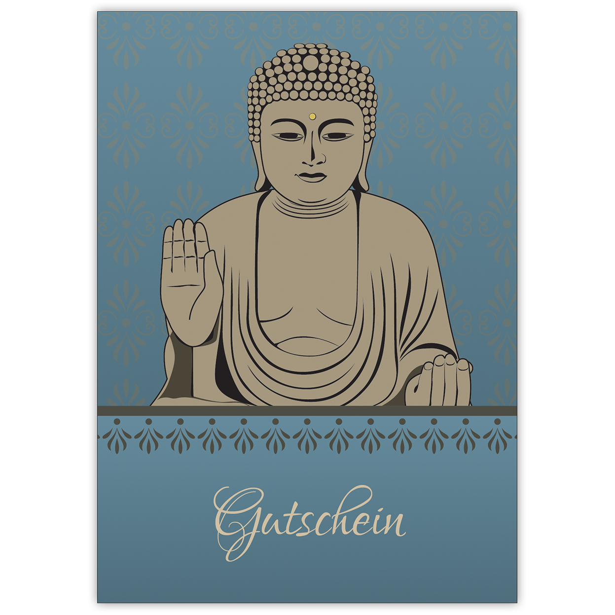 Edle Geschenk Gutscheinkarte mit klassischem Buddha Motiv (Blanko) auf blau