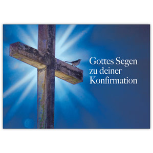 Moderne Glückwunschkarte zur Konfirmation mit Vögelchen und Kreuz "Gottes Segen zu deiner Konfirmation"