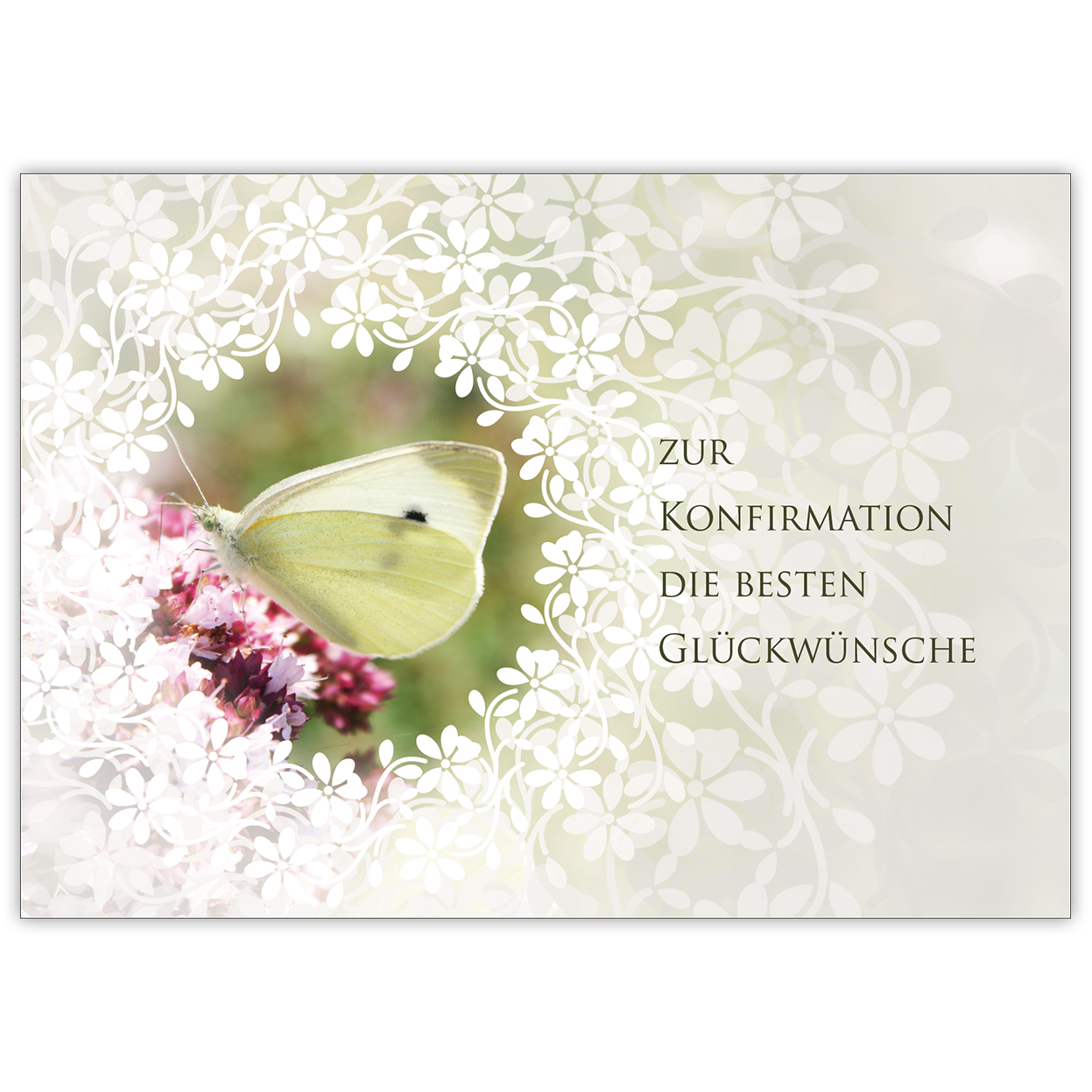 Traumhafte Glückwunsch Karte mit Schmetterling und Blüten "Zur Konfirmation die besten Glückwünsche"