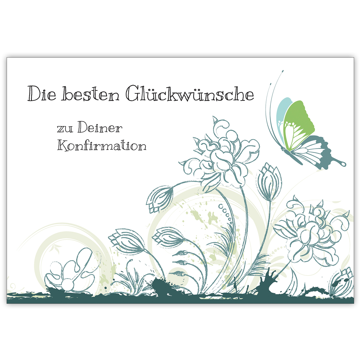 Wunderschöne Konfirmations Karte mit Blumen und Schmetterling, blau grün "Die besten Glückwünsche zu Deiner Konfirmation"