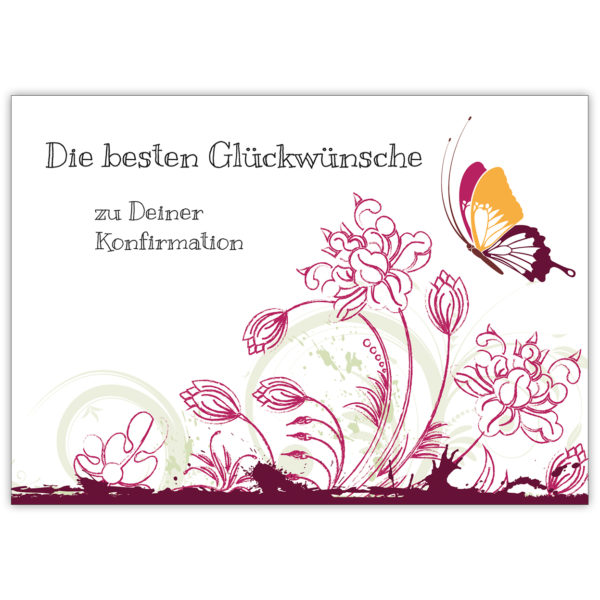 Wunderschöne Konfirmations Karte mit Blumen und Schmetterling, rot "Die besten Glückwünsche zu Deiner Konfirmation"
