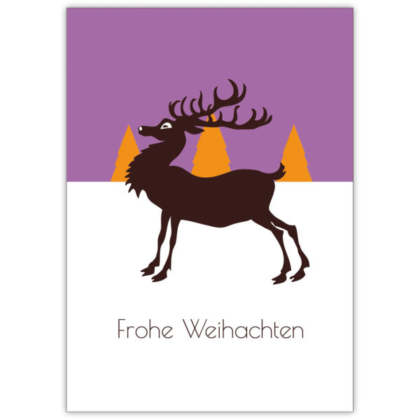 Nette Designer Weihnachtskarte mit edlem Hirsch, lila: Frohe Weihnachten
