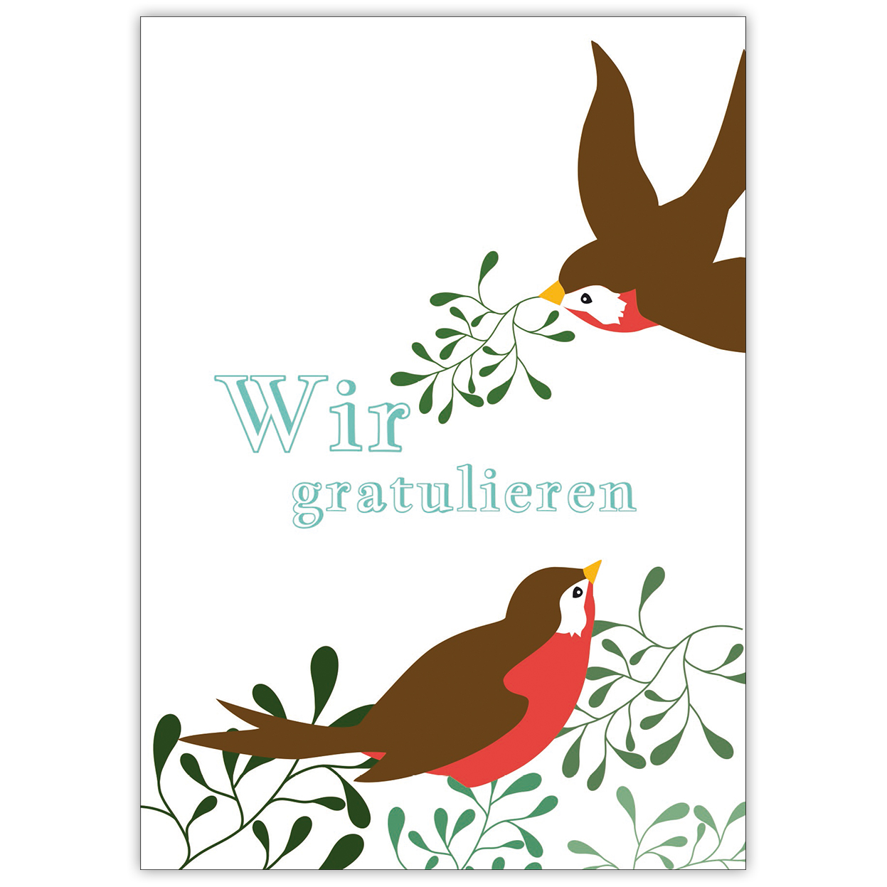 Niedliche Glückwunschkarte mit Vögeln und Misteln: Wir gratulieren in blau