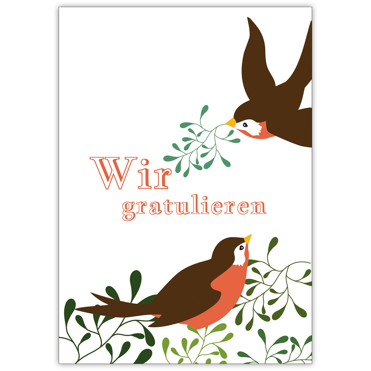 Nette Glückwunschkarte mit Vögeln und Misteln: Wir gratulieren in orange