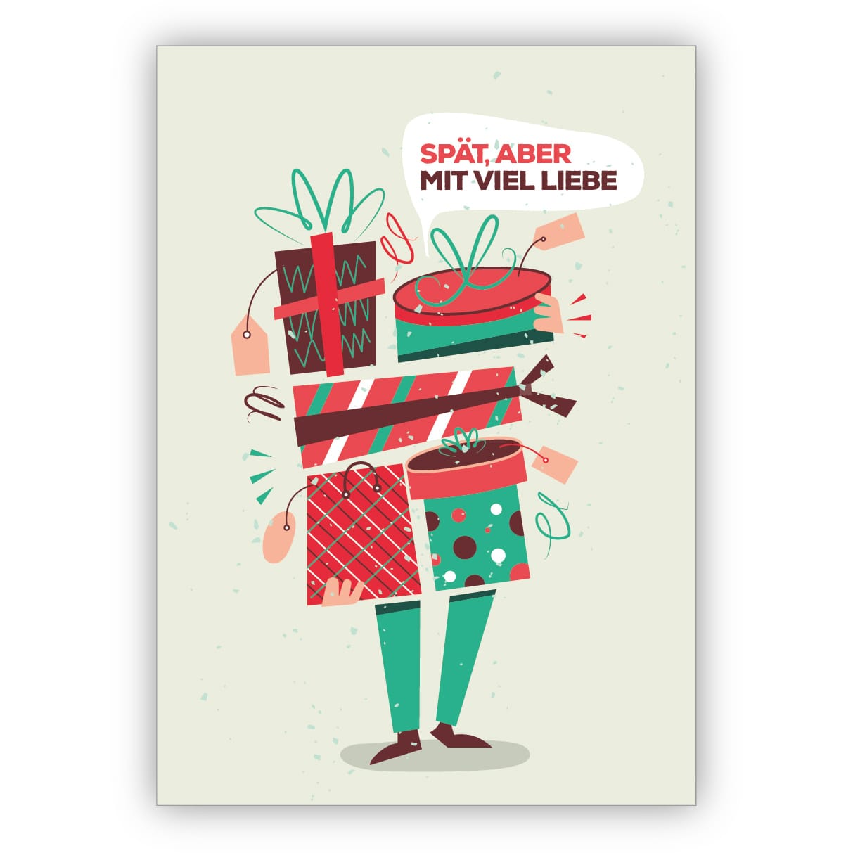 lustige Retro Geburtstagskarte, Weihnachtskarte für Verspätete: Spät aber mit viel Liebe