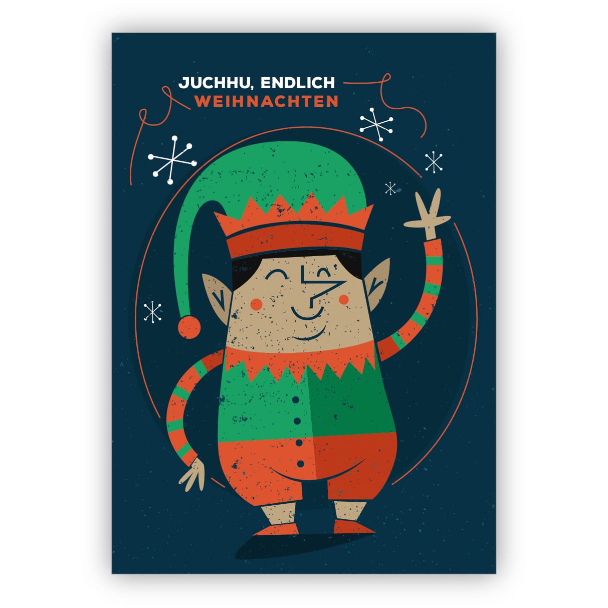 Fröhliche Retro Elfen Weihnachtskarte: Juchhu, endlich Weihnachten