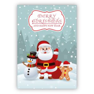 Zauberhafte Weihnachtskarte mit Weihnachtsmann, Schneemann und Lebkuchen Männchen wünschen im Schneetreiben: Merry Christmas and happy new year