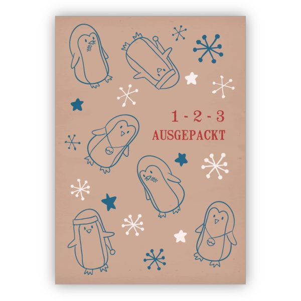 Süße Retro Weihnachtskarte mit kleinen Pinguinen zwischen Schneeflocken: 1-2-3- ausgepackt